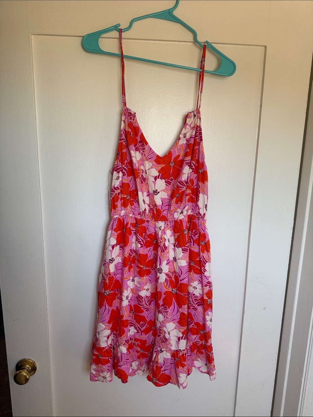 Doe & Rae Pink and Red Floral V-Neck Spaghetti Strap Mini Dress